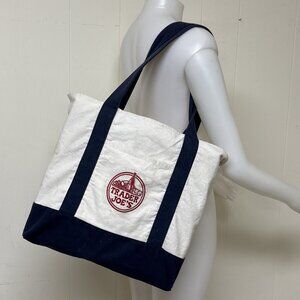 Trader Joe's Reusable Canvas Eco Tote Bag Heavy Duty Bag Blue White Embroidered